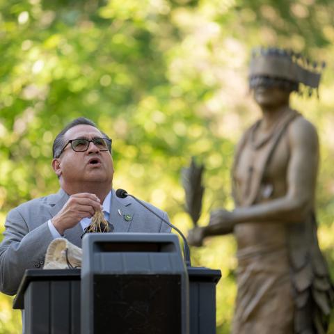 Assemblymember Ramos opening up the Annual MMIP Week of events with a blessing in song.
