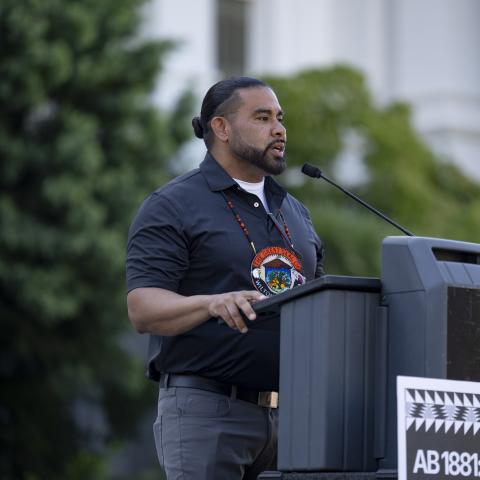 Speaking at podium