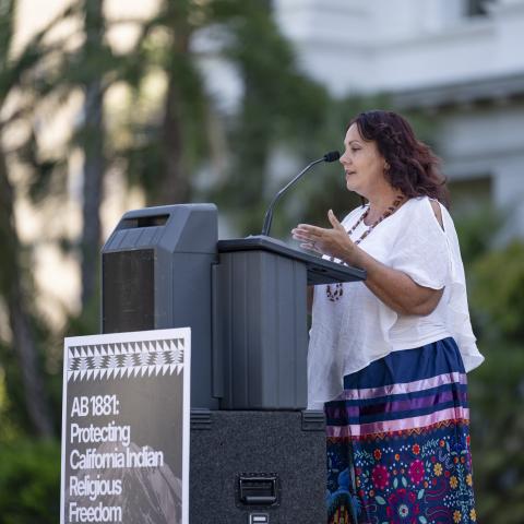 Speaking at podium