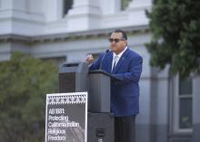 Speaking at podium